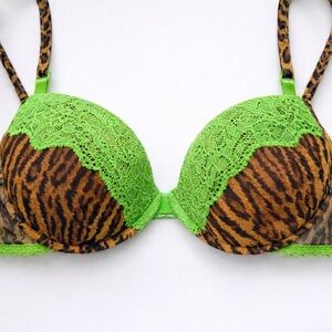 Y2K Intimissimi Tiger Print Lace Bra | Neon Green Lace | 36B